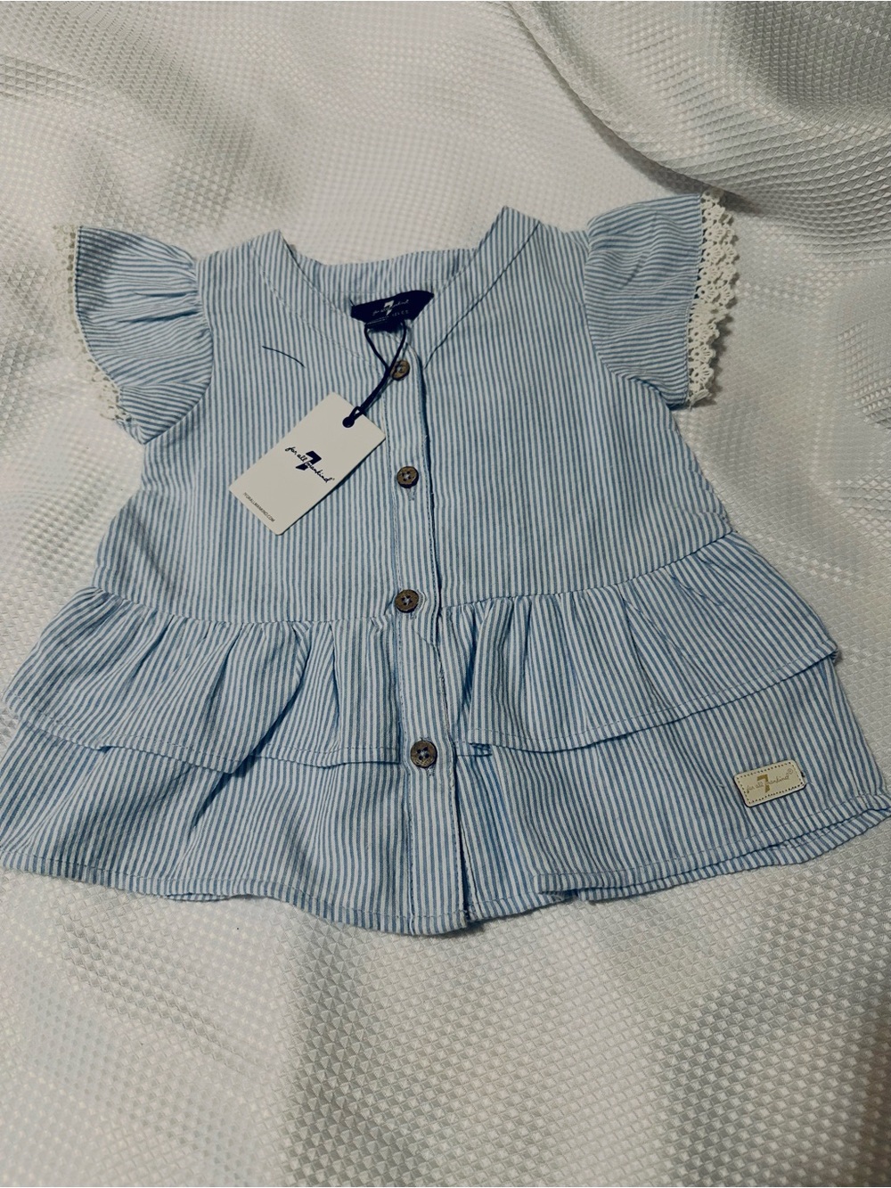 7 For All Mankind Light Blue & White Striped Ruffle Button Front Top
